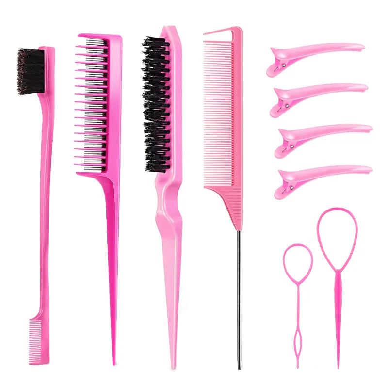 A set of pink hair styling combs and brushes including a wide-toothed comb, a round brush, and a paddle brush.