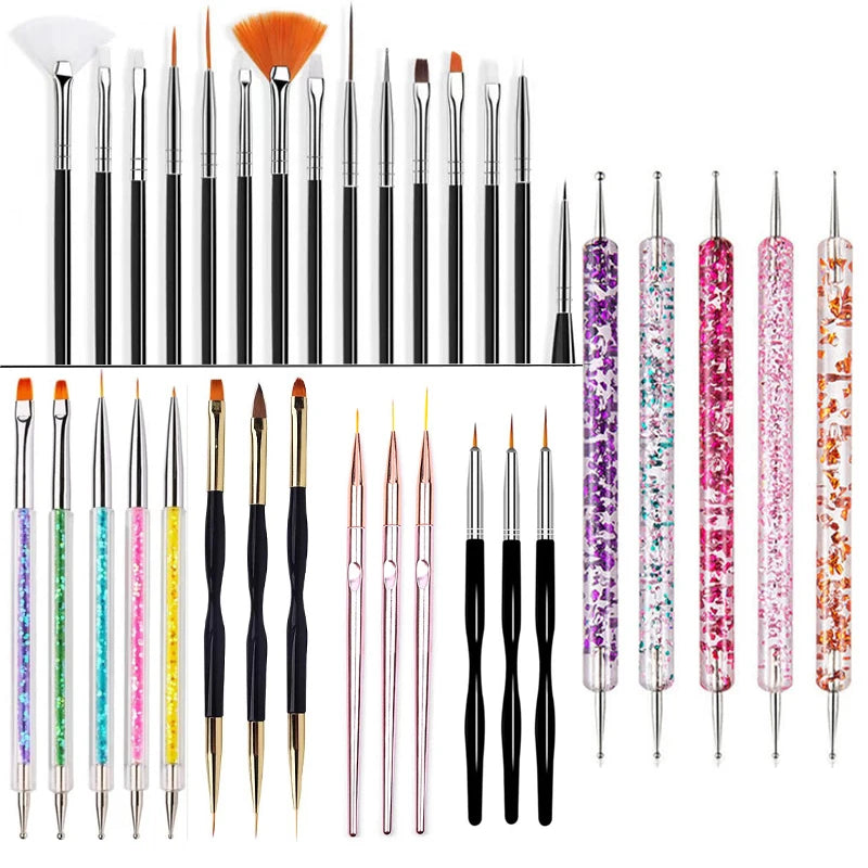 A collection of precision nail art brushes in various sizes and colors for gel and acrylic polish.