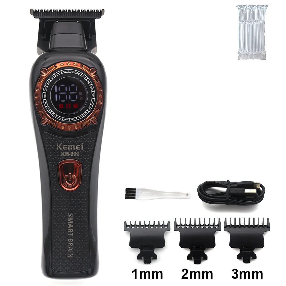 A black cordless hair trimmer with a digital display and three different guard attachments shown.