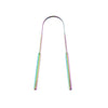 A reusable stainless steel tongue scraper with a multicolored handle for oral hygiene.