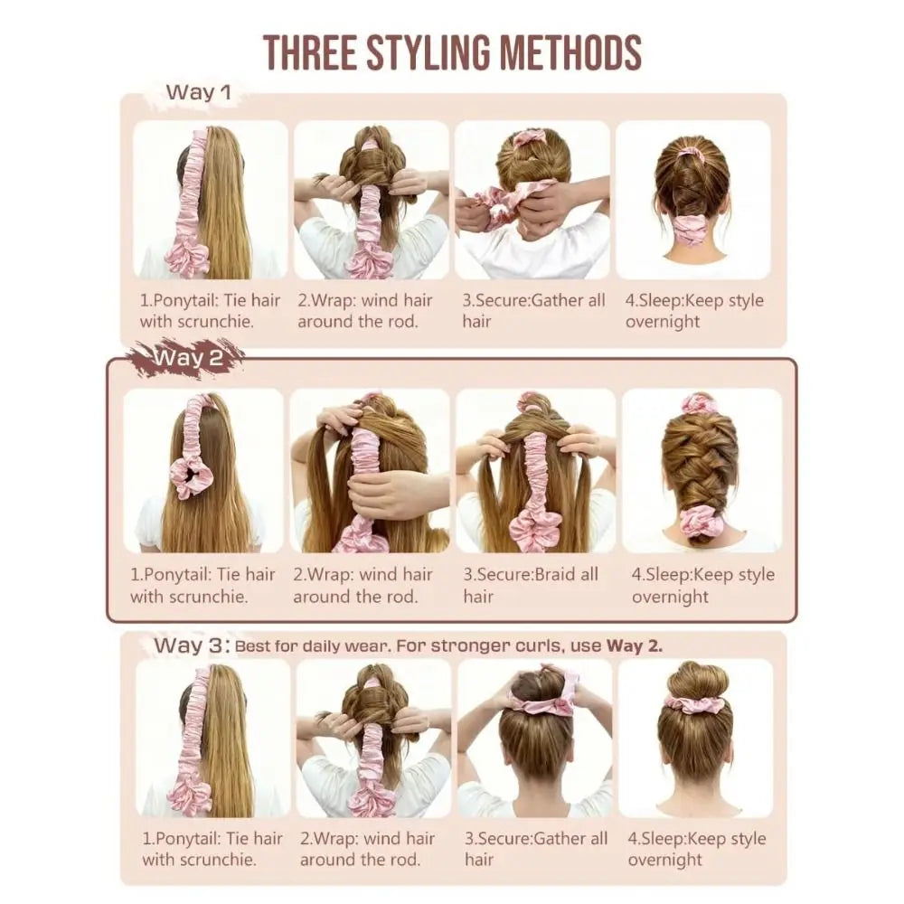 Three styling methods shown for heatless silk hair rollers including ponytail, wrap, and secure methods.