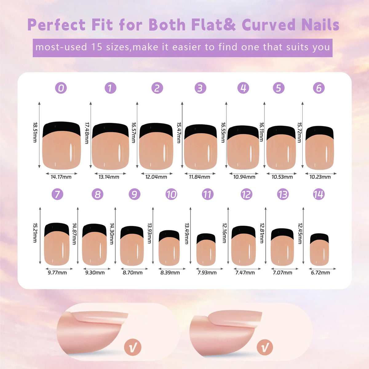 A display of 15 sizes of almond press-on nails in rich coffee black, showing various nail shapes and lengths.