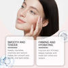 A woman applies a facial mask, showing benefits like smooth and tender skin and firming and hydrating results.