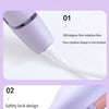 Close-up view of a purple electric curling iron showing features like a 360 degree free rotation line and a safety lock desig