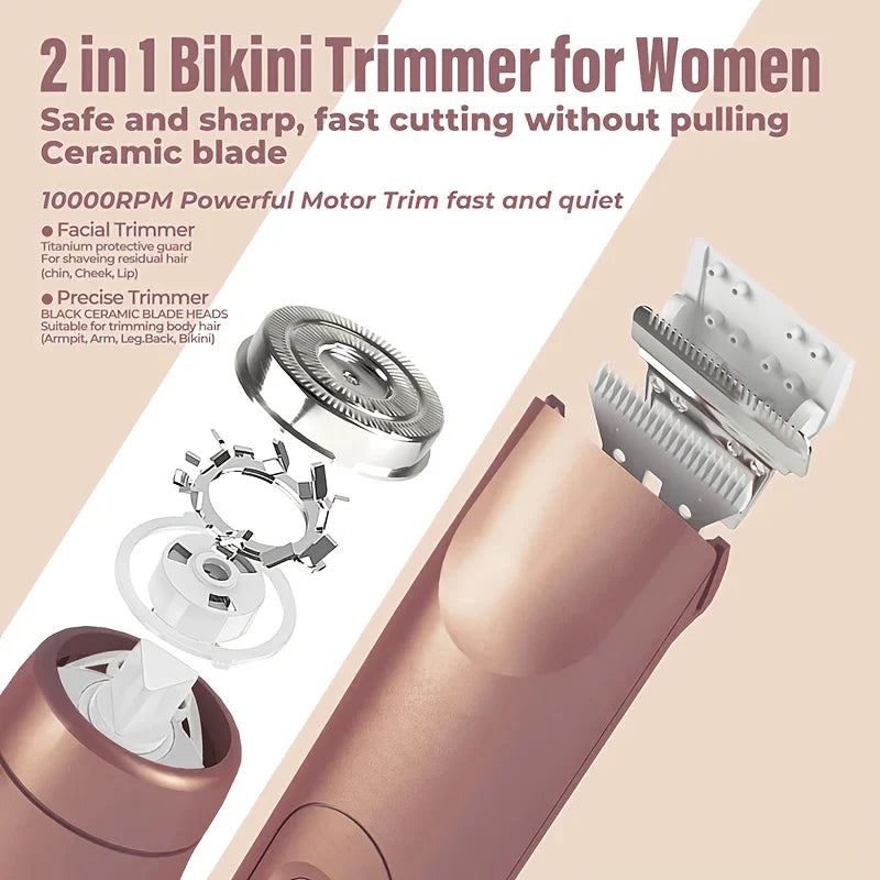 A close-up view of a pink bikini trimmer device with a ceramic blade and attachments.