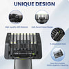 A close-up view of a black precision guide comb for beard trimmers showing its design features and adjustable sizes.