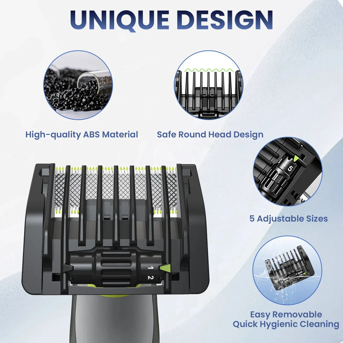 A close-up view of a black precision guide comb for beard trimmers showing its design features and adjustable sizes.