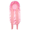 Extra large pink satin silk hair bonnet cap displayed vertically