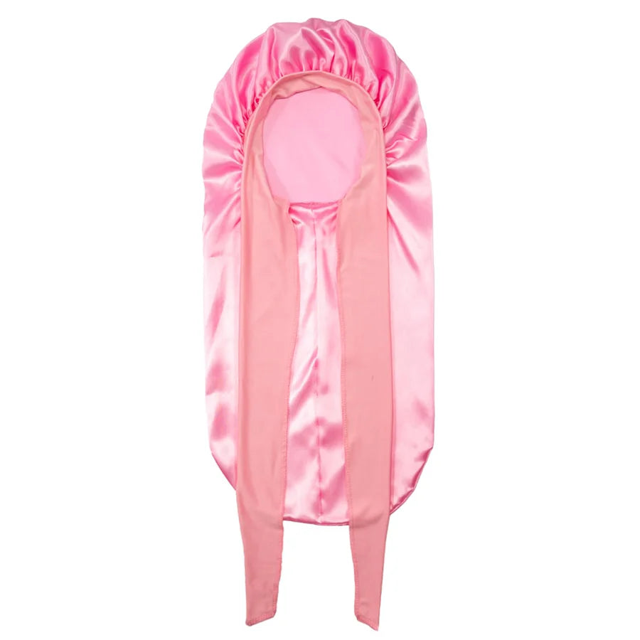 Extra large pink satin silk hair bonnet cap displayed vertically
