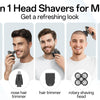 Five in one head shavers for men showing facial cleaning brush, nose trimmer, hair trimmer, rotary shaving head, and cleaner 