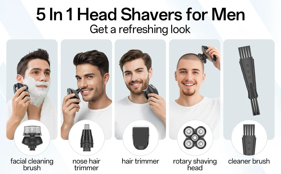 Five in one head shavers for men showing facial cleaning brush, nose trimmer, hair trimmer, rotary shaving head, and cleaner 