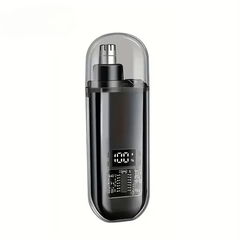 A black rechargeable nose hair trimmer with a clear protective cap and a digital display.