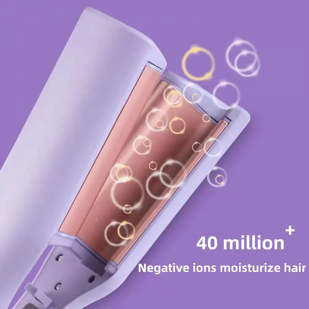 A close-up of a professional ceramic hair curling iron in light purple and rose gold tones, showing negative ions moisturizin