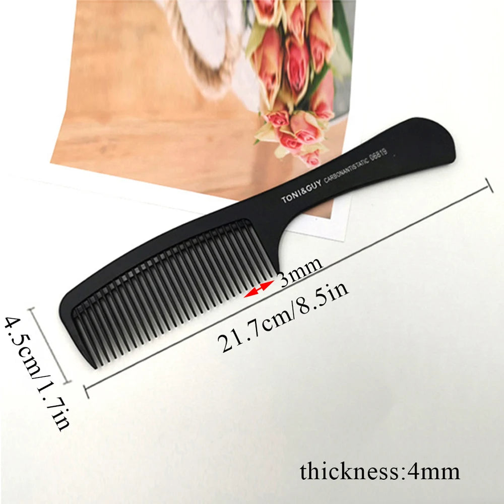 A black anti-static carbon hair comb is shown with dimensions and thickness measurements.