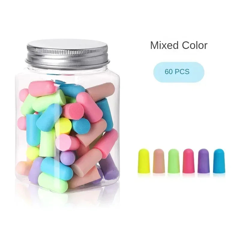 Jar of 60 pieces of mixed color earplugs for sleep and protection