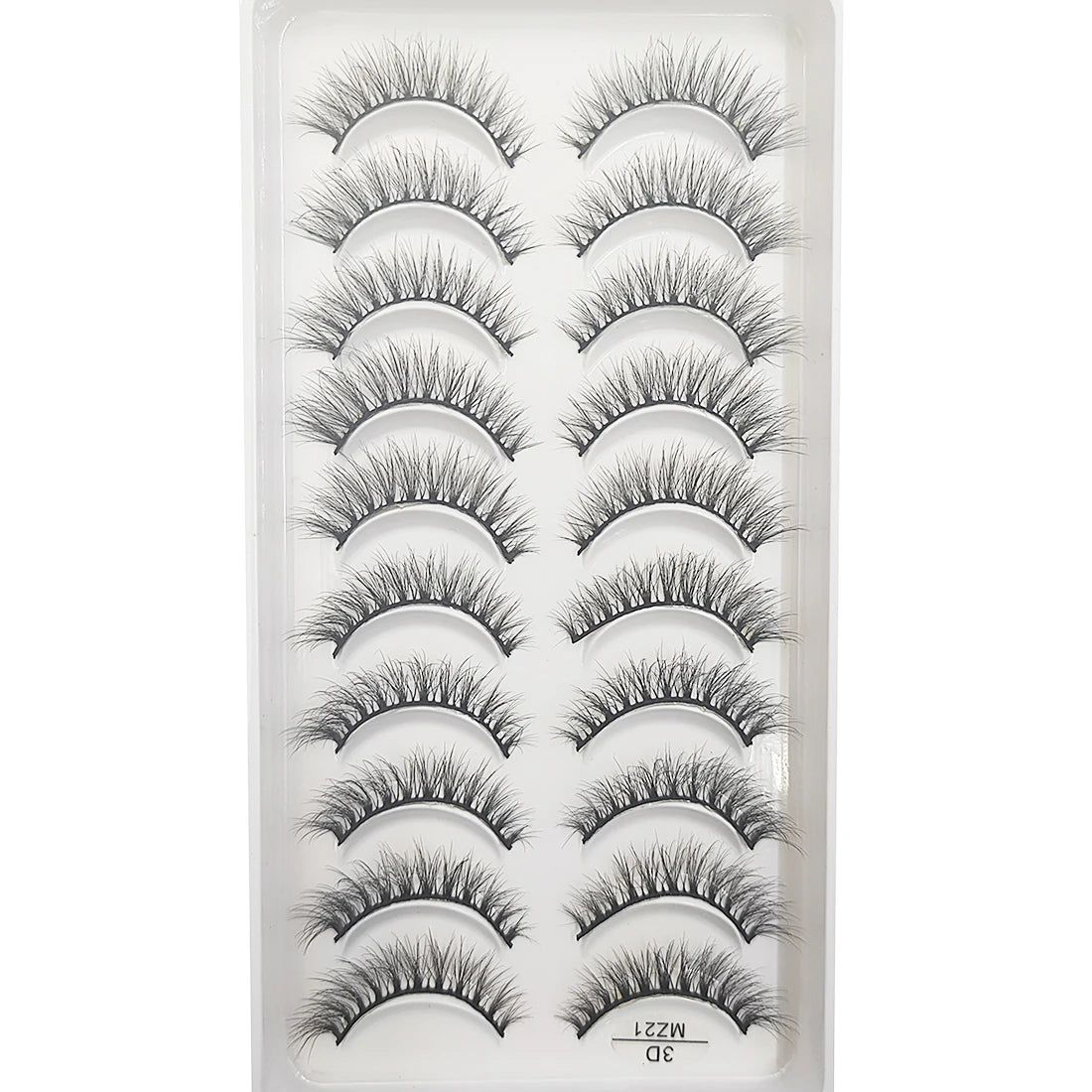 A plastic tray containing multiple pairs of natural 3D mink false eyelashes.