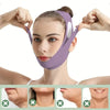 A woman wearing a purple graphene fiber face lift band for jawline definition, showing the device's application.