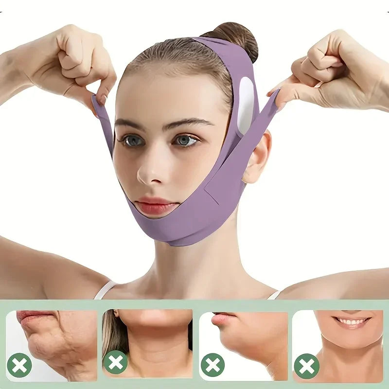 A woman wearing a purple graphene fiber face lift band for jawline definition, showing the device's application.