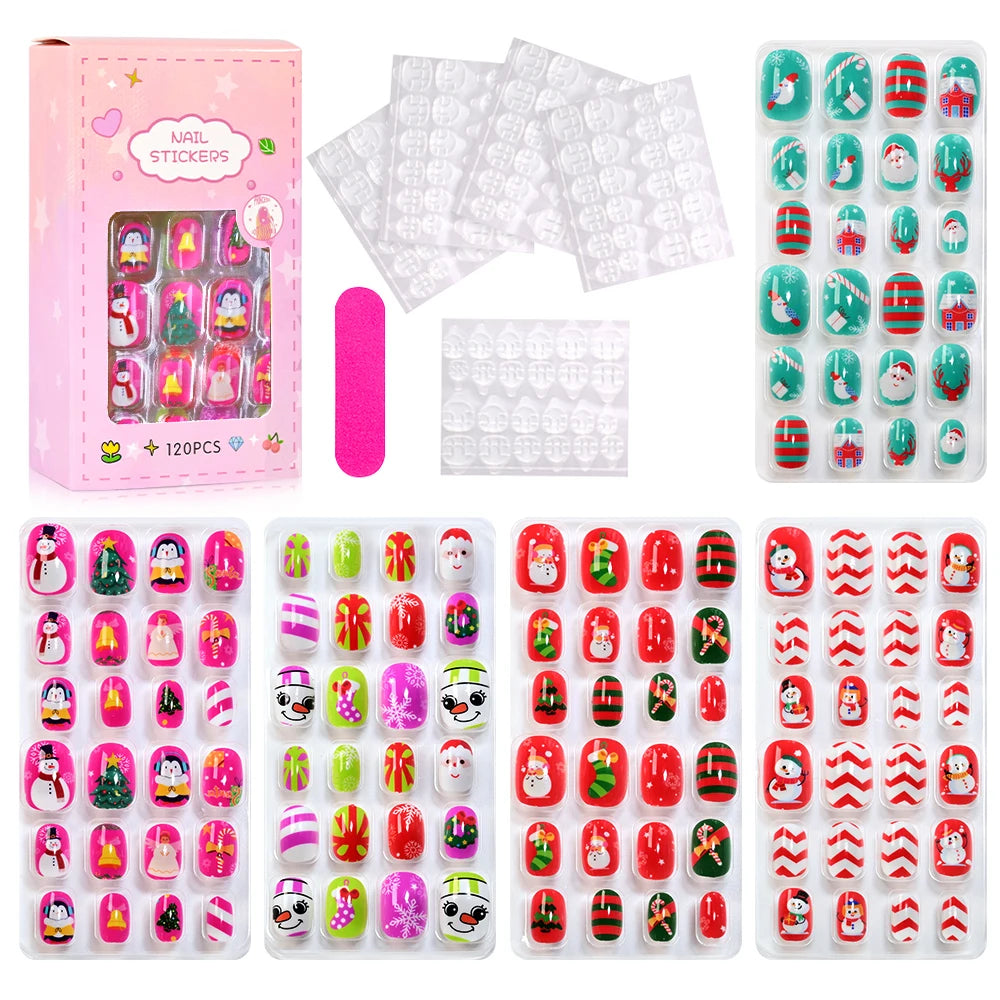 Colección de 120 uñas postizas prensables en varios colores y diseños, empaquetadas en una caja rosa.