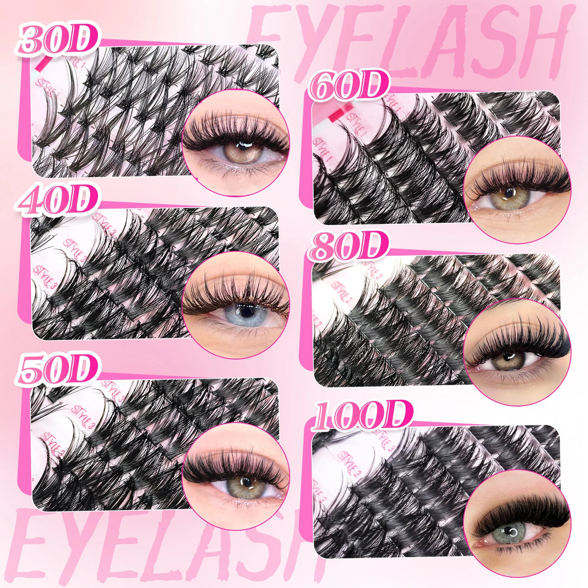A collage showing various lengths of eyelash extensions, labeled 30D to 100D, demonstrating different lash styles and volumes