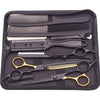 A black case containing professional stainless steel hairdressing scissors and combs.
