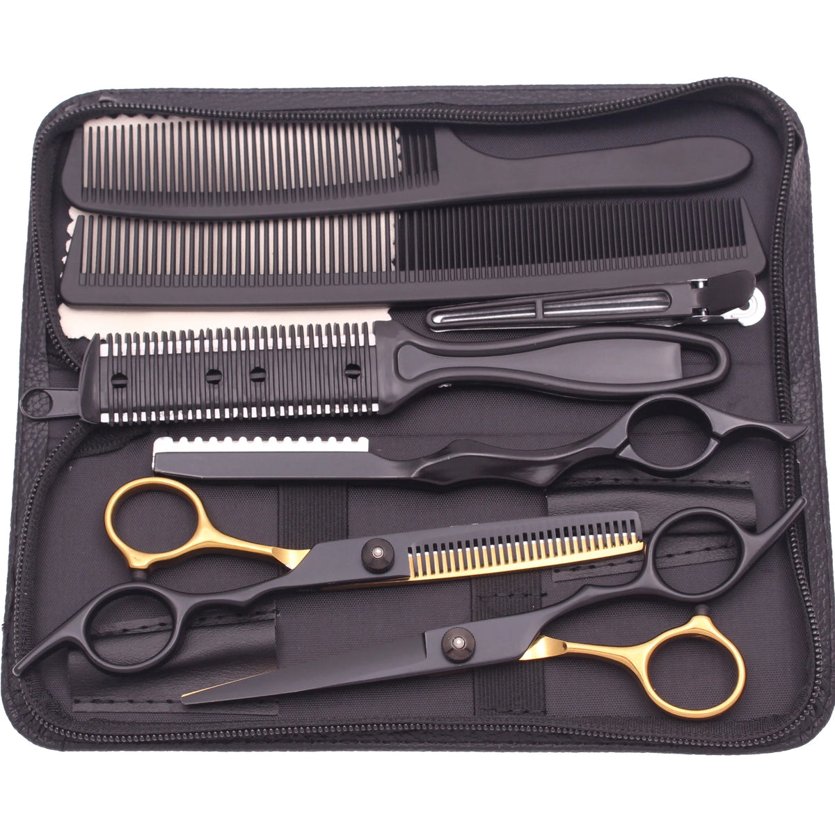 A black case containing professional stainless steel hairdressing scissors and combs.