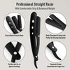 A black professional straight razor with a comfortable grip and balanced weight shown with various features.