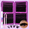 A purple lash extension kit featuring black cluster lashes and a pair of tweezers on a pink case.