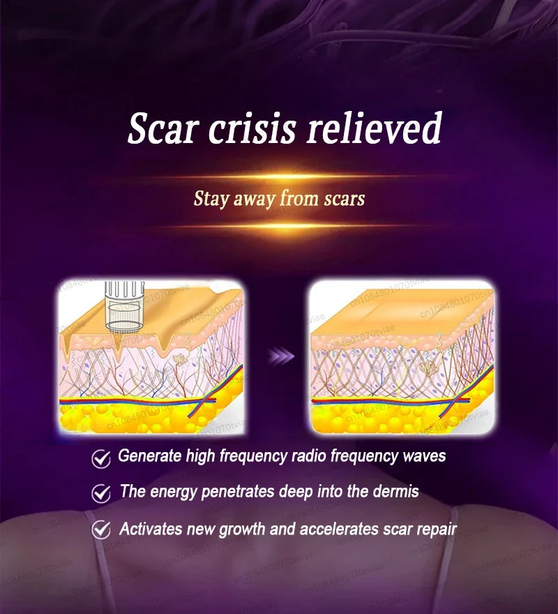 A promotional image showing a silicone scar care patch for skin regeneration with text claiming scar crisis relief and deep e
