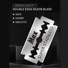 A silver double edge razor blade is displayed against a dark background with text indicating Swedish quality and features lik