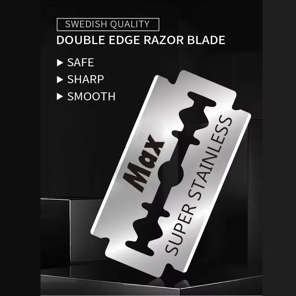 A silver double edge razor blade is displayed against a dark background with text indicating Swedish quality and features lik