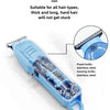 A blue rechargeable hair trimmer clipper with a fixed and moving stainless steel knife.