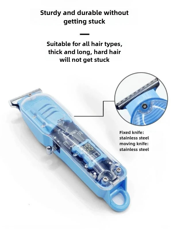A blue rechargeable hair trimmer clipper with a fixed and moving stainless steel knife.