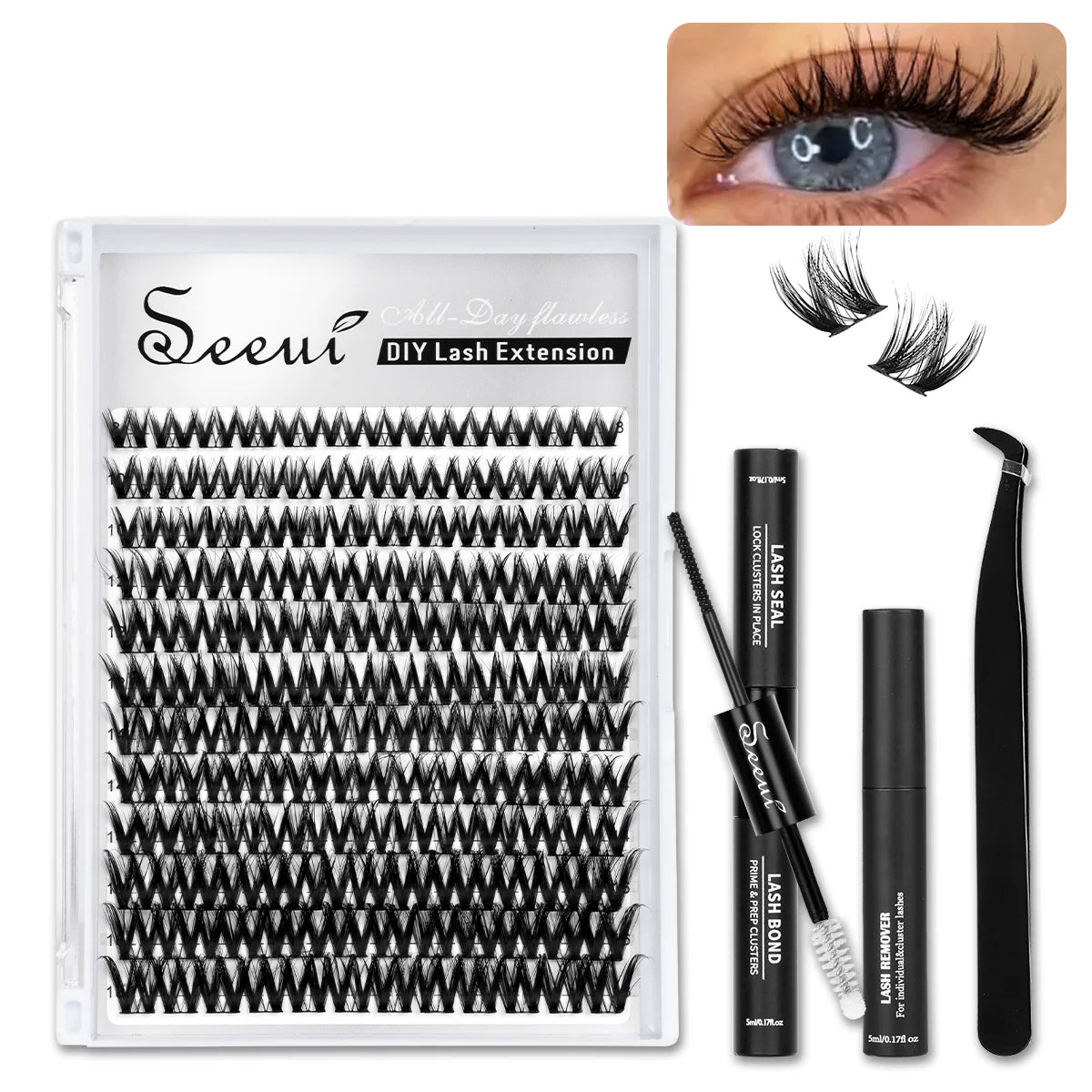 A kit of DIY lash extensions featuring various lash styles and tools for creating natural look eyelash clusters.