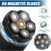 Close-up view of a black shaver head featuring 6D magnetic stainless steel blades and an ultra-thin dual blade design.