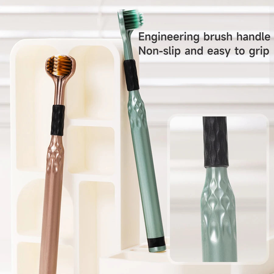 Un jeu de trois manches de brosse d'ébauche pour brosses à dents, montrant différentes couleurs et textures dans un porte-sup