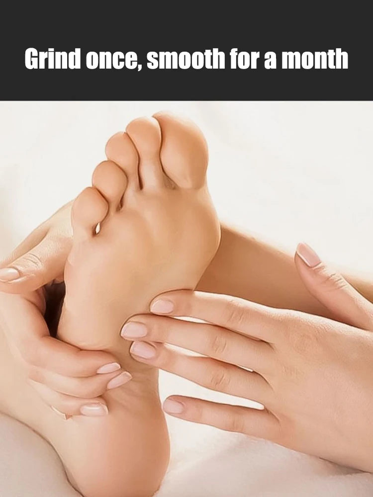 Hands are gently massaging a foot with a portable glass file tool for callus removal.