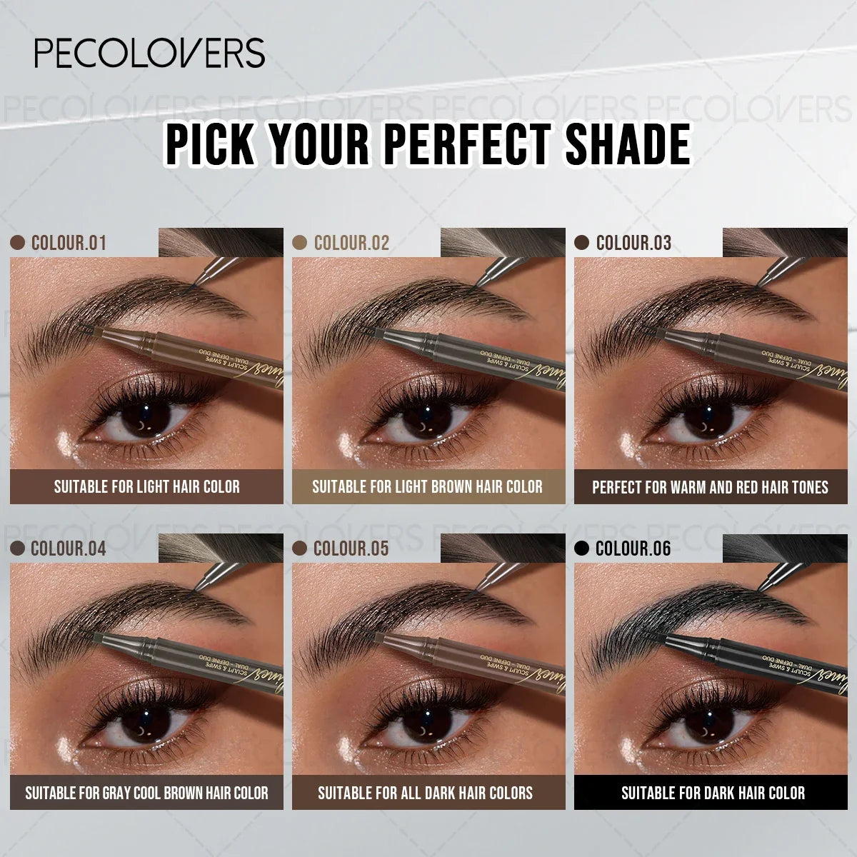 A grid showing six shades of eyebrow pencil for different hair colors, suitable for light, brown, and dark hair.