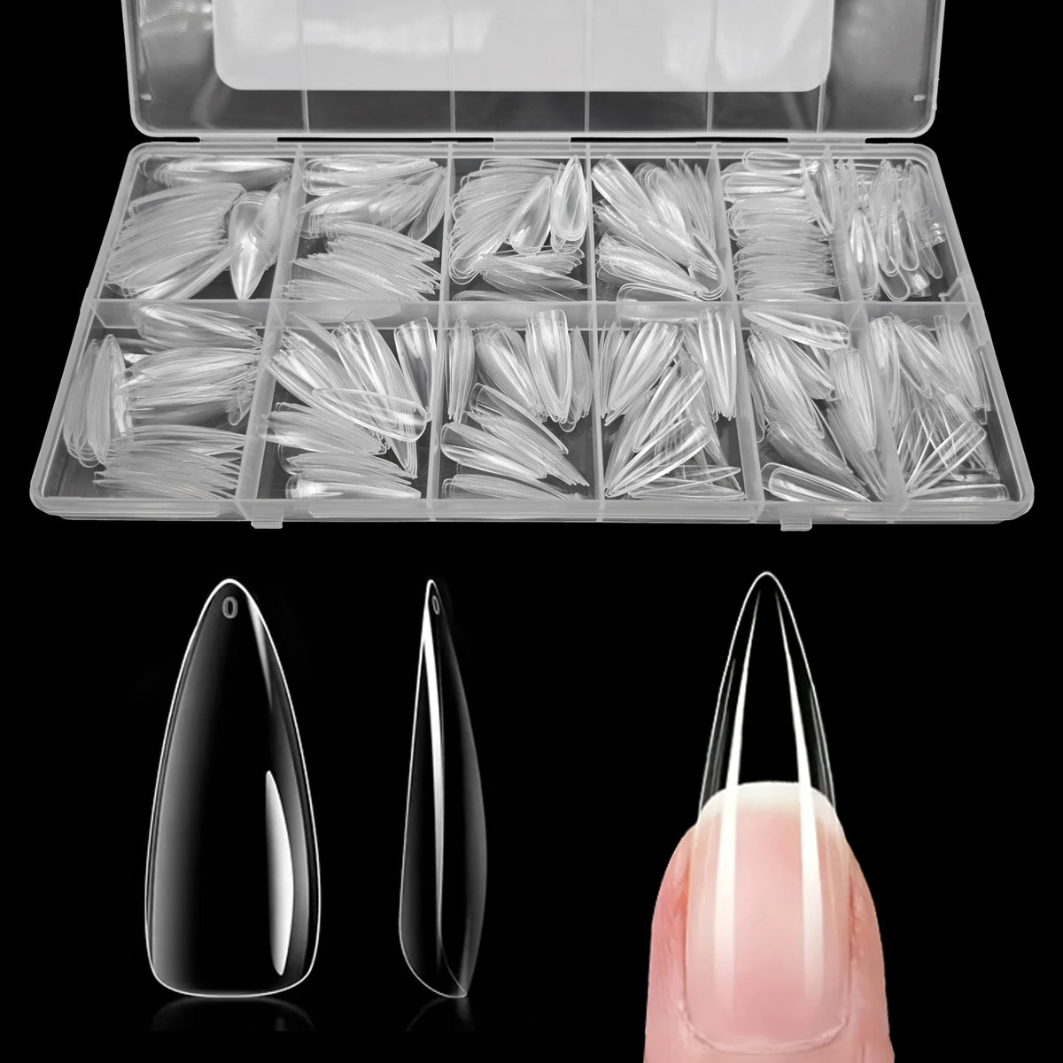 Une boîte en plastique transparent contenant un ensemble de pointes à ongles pressables de différentes formes et tailles, mon