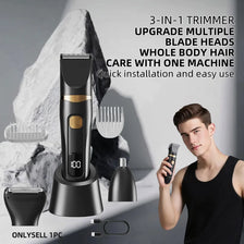 A black 3-in-1 trimmer with multiple blade heads is shown next to a man using the device for hair grooming.