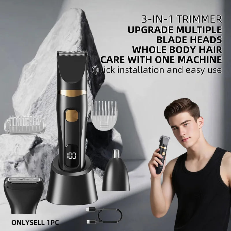 A black 3-in-1 trimmer with multiple blade heads is shown next to a man using the device for hair grooming.
