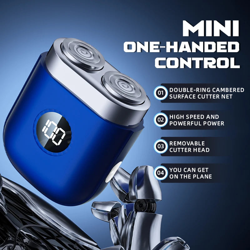 A blue mini one-handed electric beard shaver with a removable cutter head shown in use.