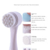 A white silicone facial cleanser brush with a stand, showing various components and usage.