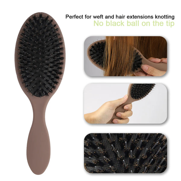A matte brown boar bristle hair extension brush with a black ball tip shown in various angles.
