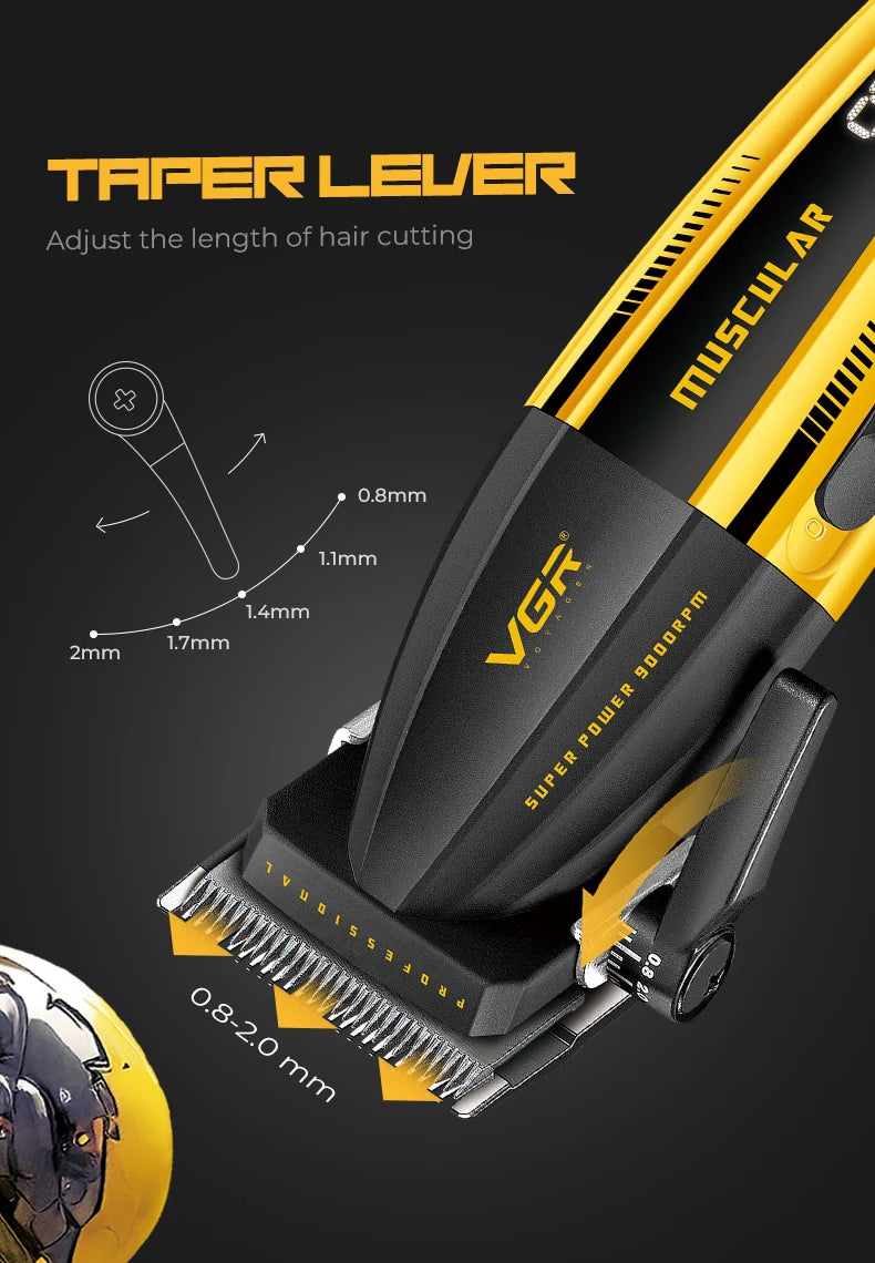 Close-up of a yellow and black taper lever electric hair clipper with various guard attachments.