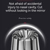 A close-up view of a stainless steel nose hair trimmer with a precision safety small round head.