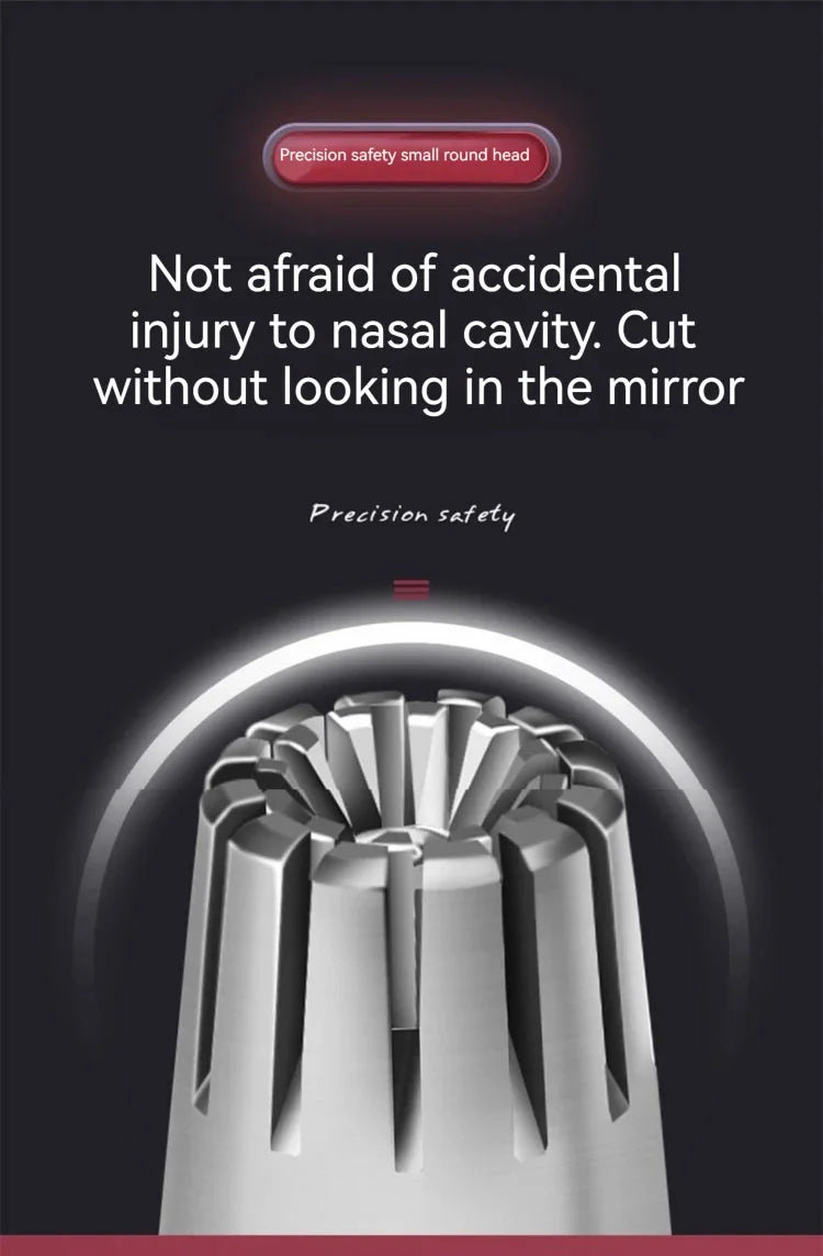 A close-up view of a stainless steel nose hair trimmer with a precision safety small round head.
