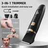 A black 3-in-1 electric trimmer is shown alongside its components, including a U blade, shaving blade, and nose trimmer.