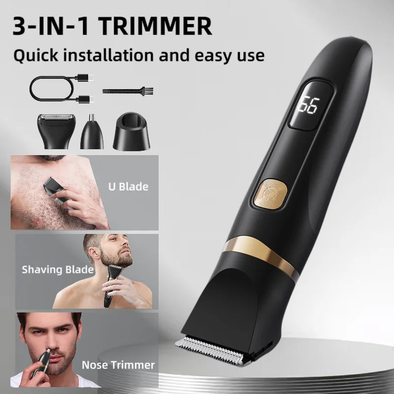 A black 3-in-1 electric trimmer is shown alongside its components, including a U blade, shaving blade, and nose trimmer.