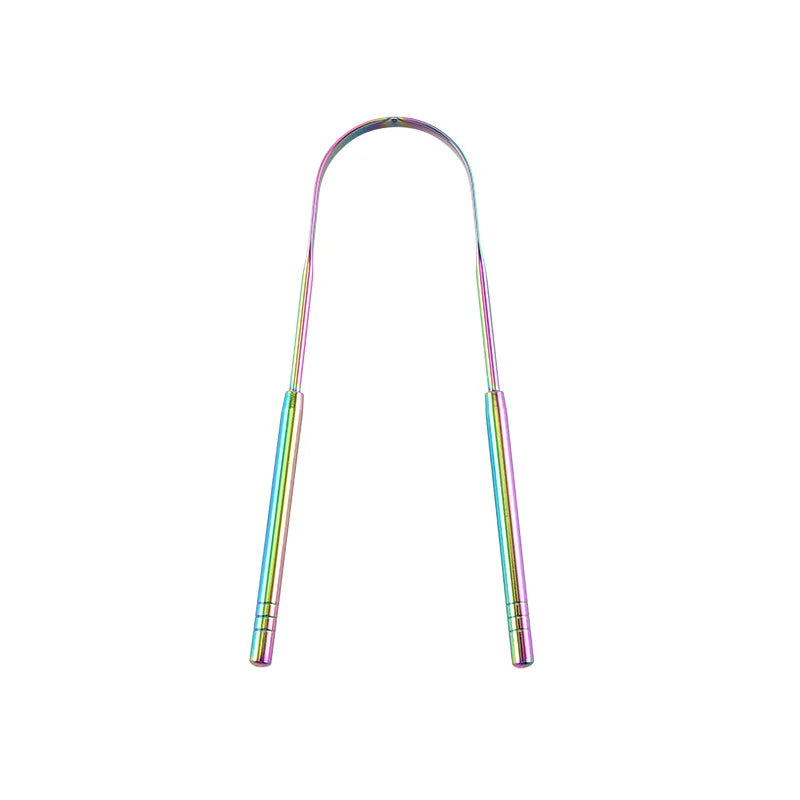 Stainless steel U-shaped tongue scraper with a multicolored handle for oral cleaning